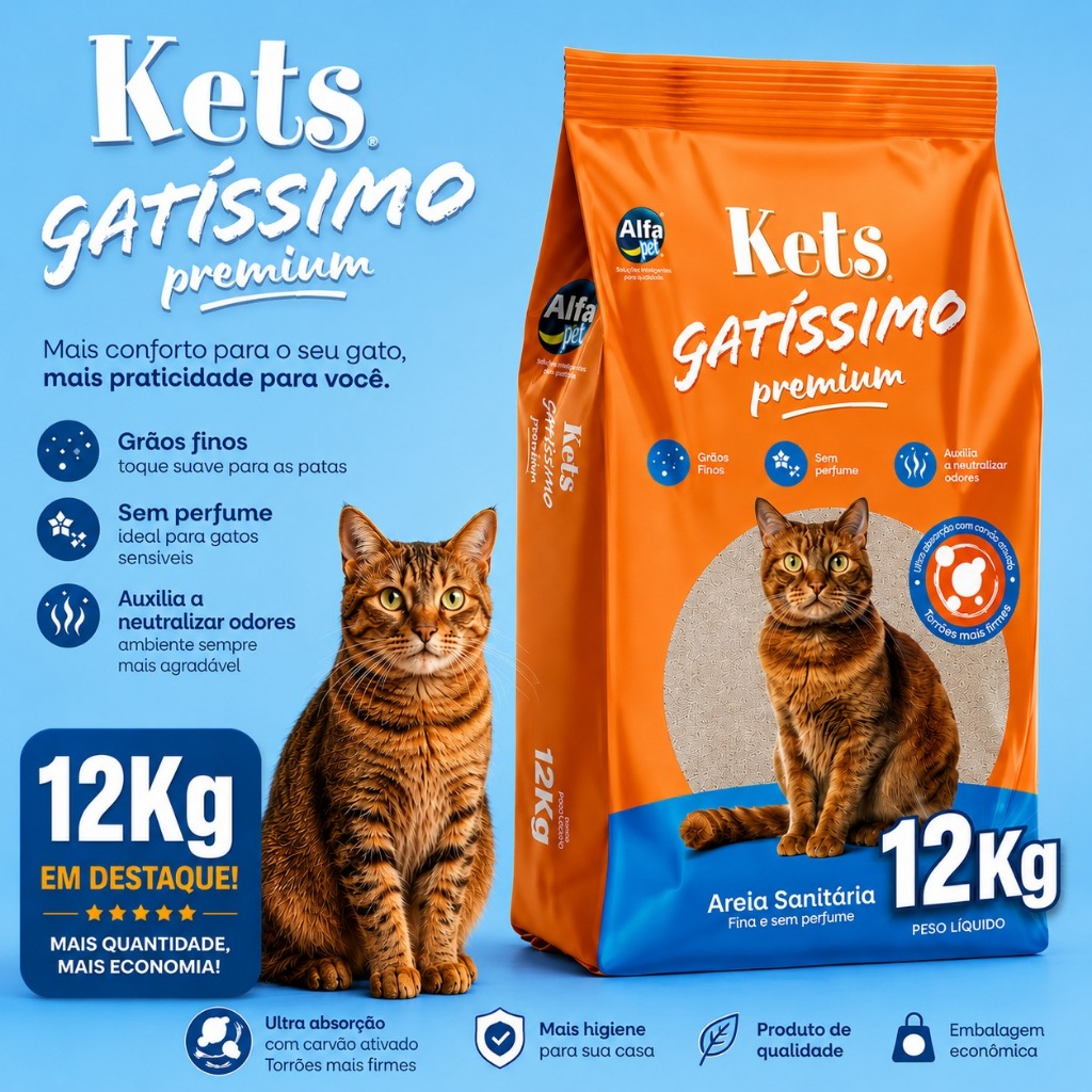 Areia Kets Higiênica Gatos Kit Sanitária 4kg 12kg Premium Gatissimo Biodegradável