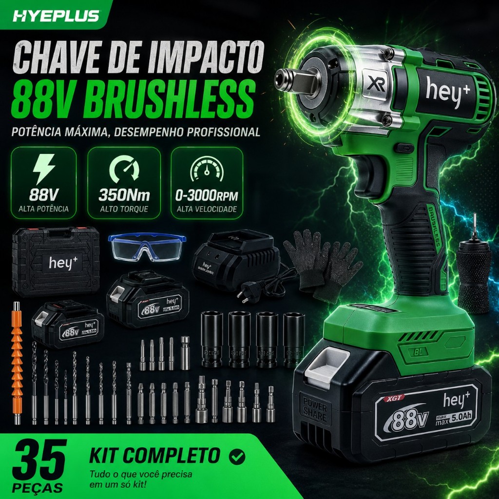 Parafusadeira Furadeira Chave de Impacto Bateria Heyplus 350Nm 2 Baterias 5000mAh Brushless Kit Completo Maleta