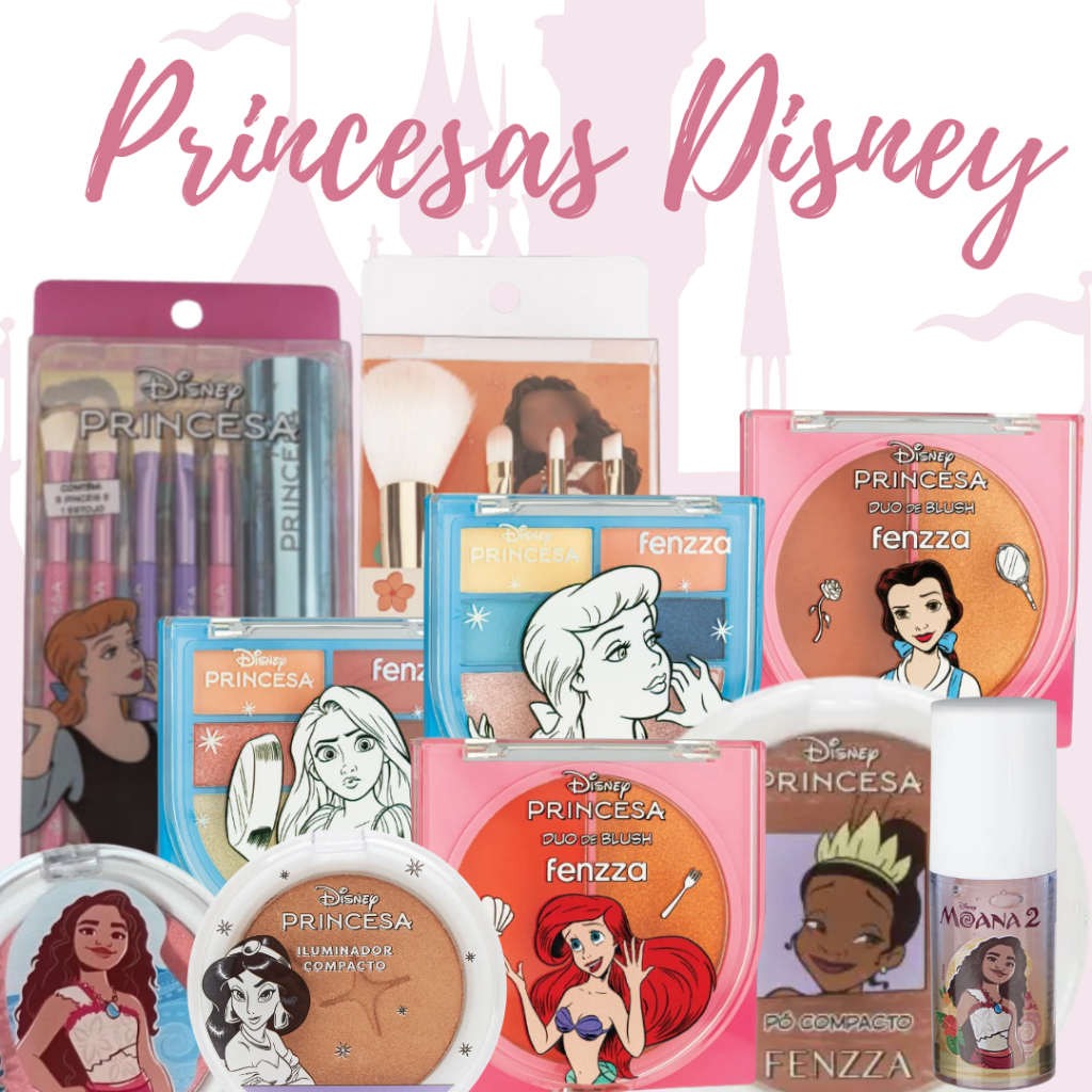 Maquiagem Princesas Disney Pinceis, Pó, Blush, Contorno, Sombras, Iluminador, Batom -Original Fenzza