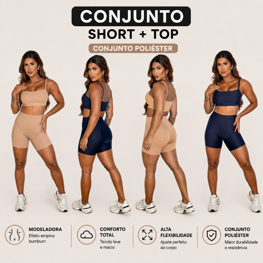 Conjunto Academia Feminino Top Reto + Short  Fitness Poliéster Elastano Confortável Treino Yoga Corrida