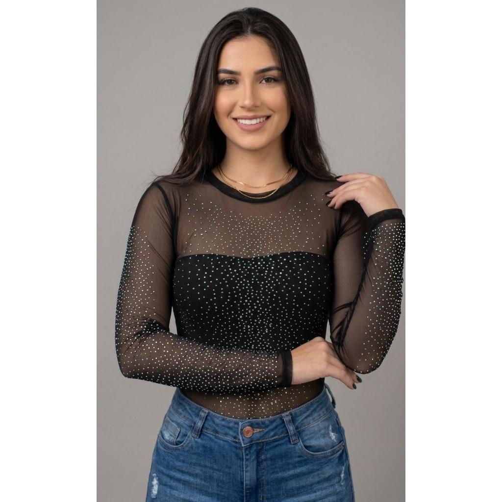 Blusa Tule Manga Longa Body Coutry Pedraria