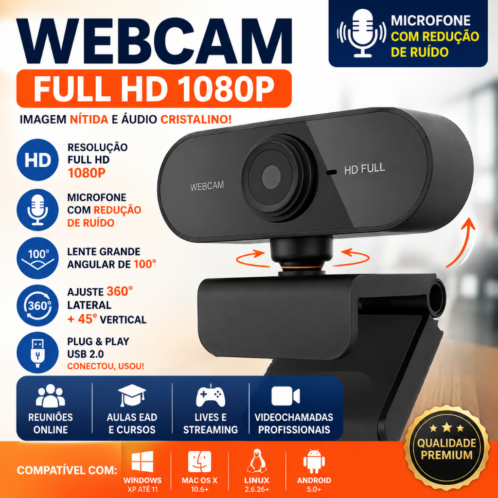 Webcam Full HD 1080p USB com Microfone Autofoco para PC Notebook Lives Videochamadas Streaming