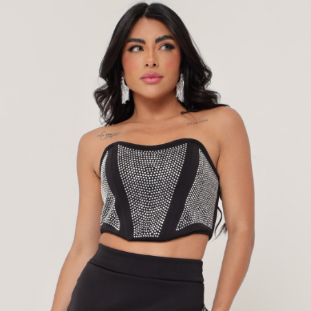 Cropped Corselet Feminino Strass Top Feminino Blusa Balada Luxo Pedraria Moda De Luxo Brilhante