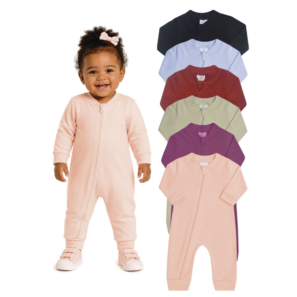 kit Macacão Bebê e Infantil com Ziper, Suedine 100% Algodão, Cores de Menina, Tamanhos Rn ao 3
