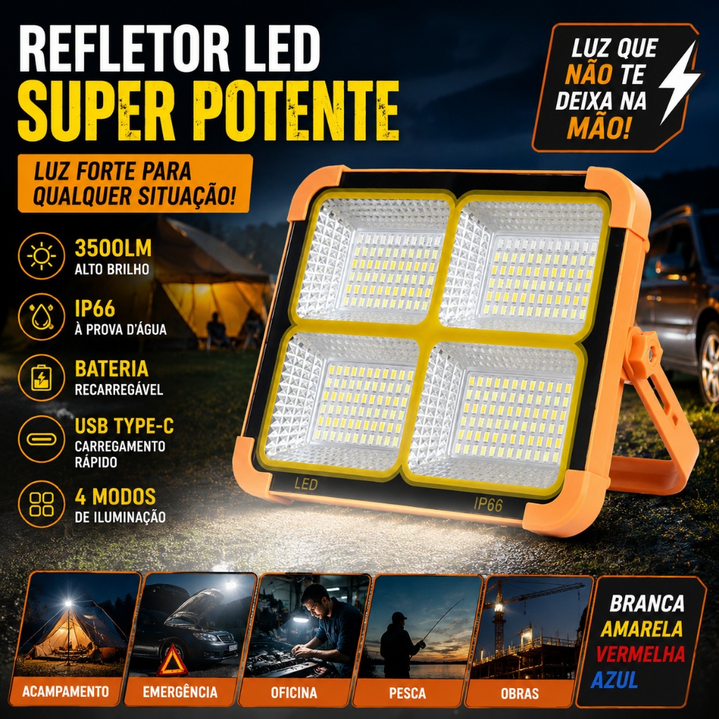 Holofote LED Recarregável IP66 à Prova d'Água | Lanterna 4 Cores USB-C para Camping e Emergência