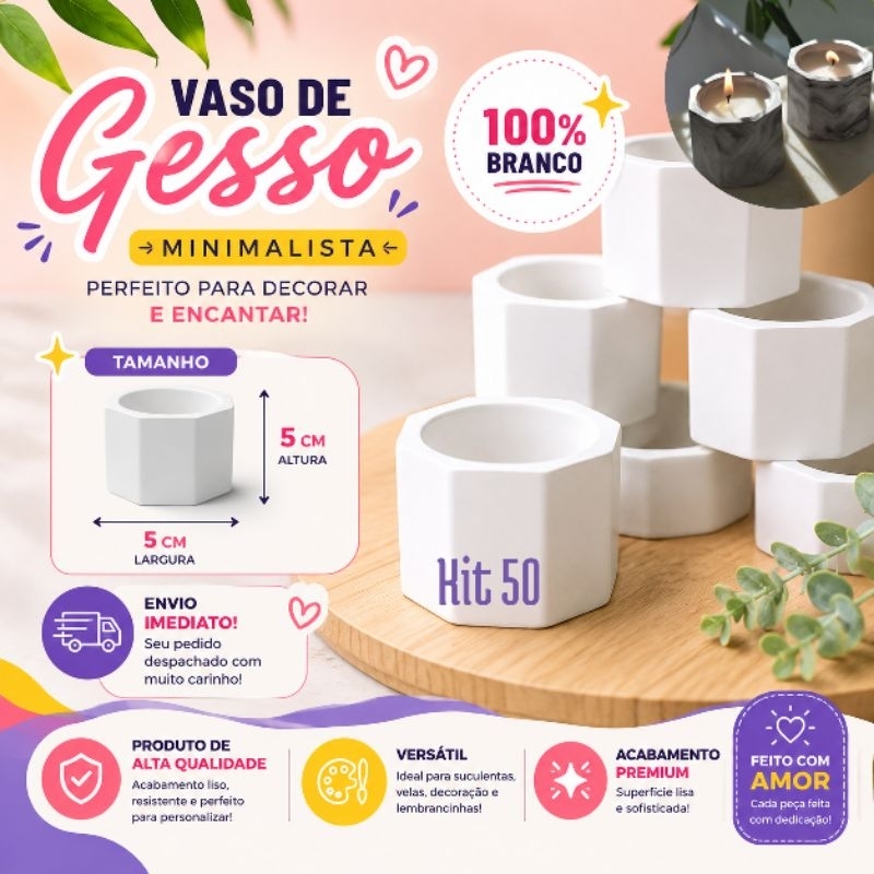 Kit50 Vasinhos de gesso para lembrancinhas aniversário casamento batizado chá revelação festa