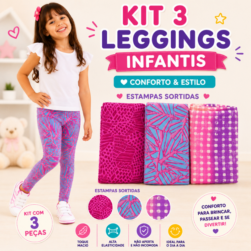 Kit 3 Legging Infantil Menina Estampada Confortável Moda Kids Sortidas |1905| Lançamento