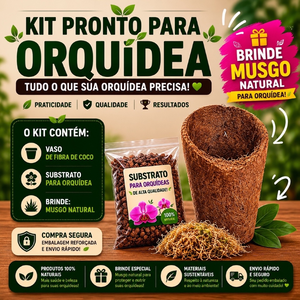 Kit Pronto Para Orquídea - Vaso Cachepot Fibra Coco + Substrato de Orquídea + BRINDE Musgo
