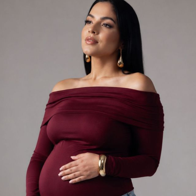 Blusa Feminina Gestante Plus Size Ombro a Ombro Manga longa 3/4 Meia Estação Chique Elegante Confortavel