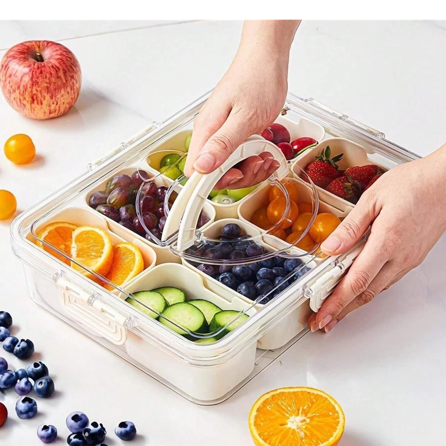 Pote Organizador de Geladeira Hermético Multiuso Com 8 Divisórias Para Alimentos e Temperos c/ Tampa e Alça