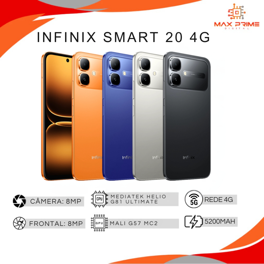 Infinix Smart 20 4G, Versão Global, Processador MediaTek Helio G81 Ultimate, 128GB + 4GB RAM, Bateria 5200mAh