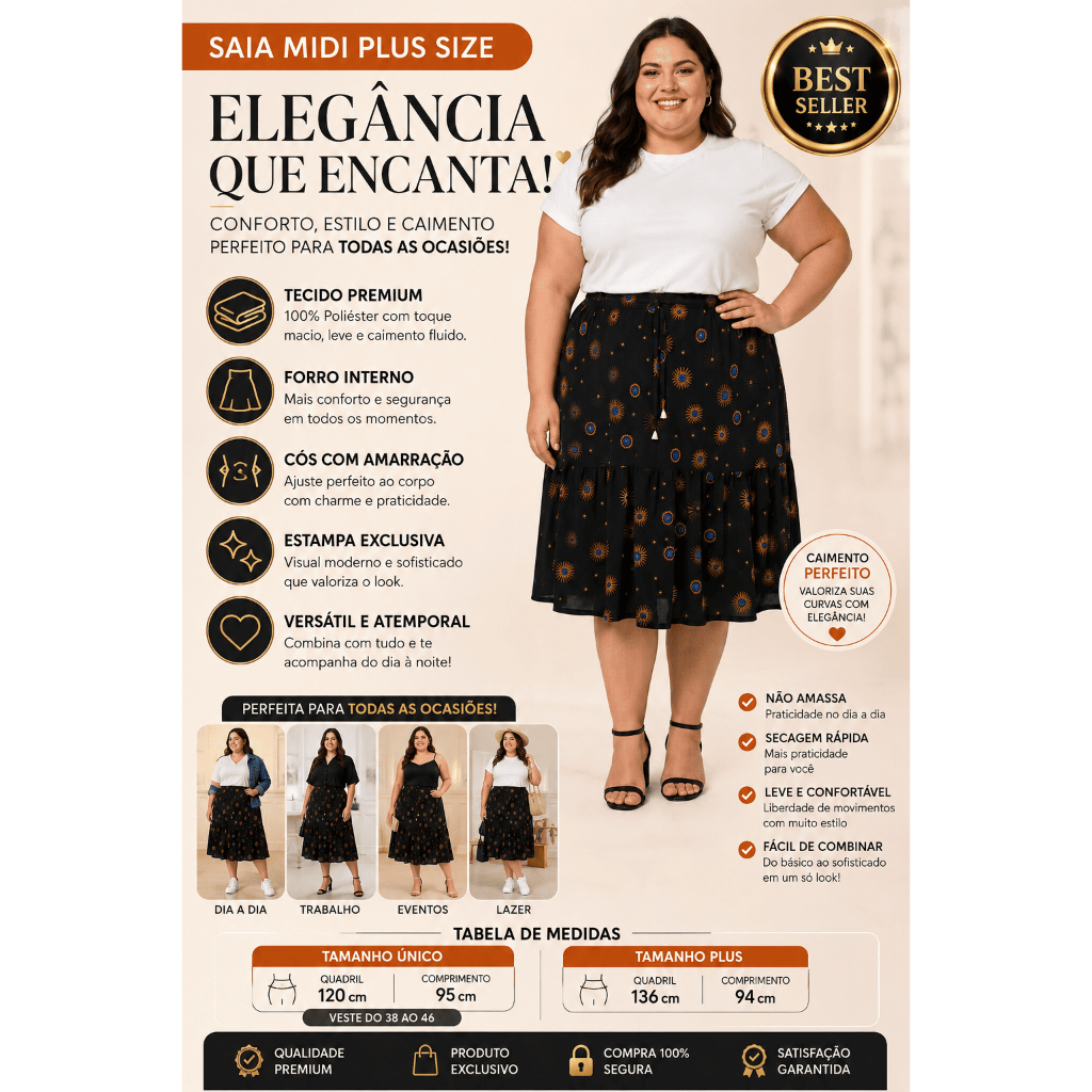 Saia Midi Feminina Malha Fria Estampada Moda Evangélica Casual Confortável
