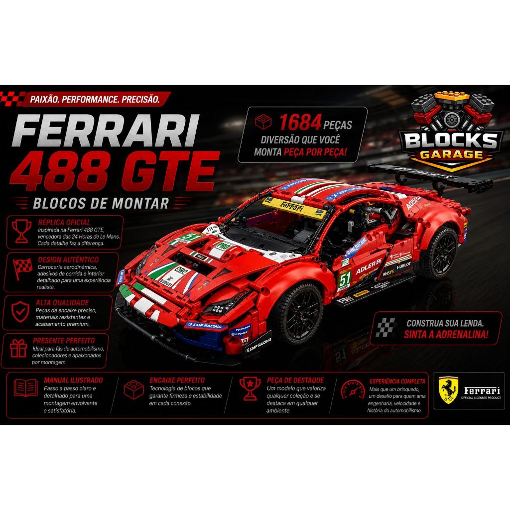 Blocos de Montar Lego Ferrari 488 GTE 1684pcs Com Manual de Montagem  **SEM CAIXA(BOX)**