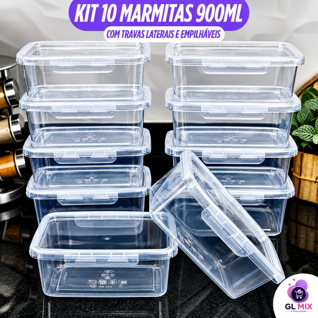 Imagem Kit 10 Marmita 900ml com Travas GL Mix Livre BPA Premium Alta Vedação Microondas Freezer Lava Louças