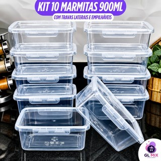 Kit 10 Marmita 900ml com Travas GL Mix Livre BPA Premium Alta Vedação Microondas Freezer Lava Louças