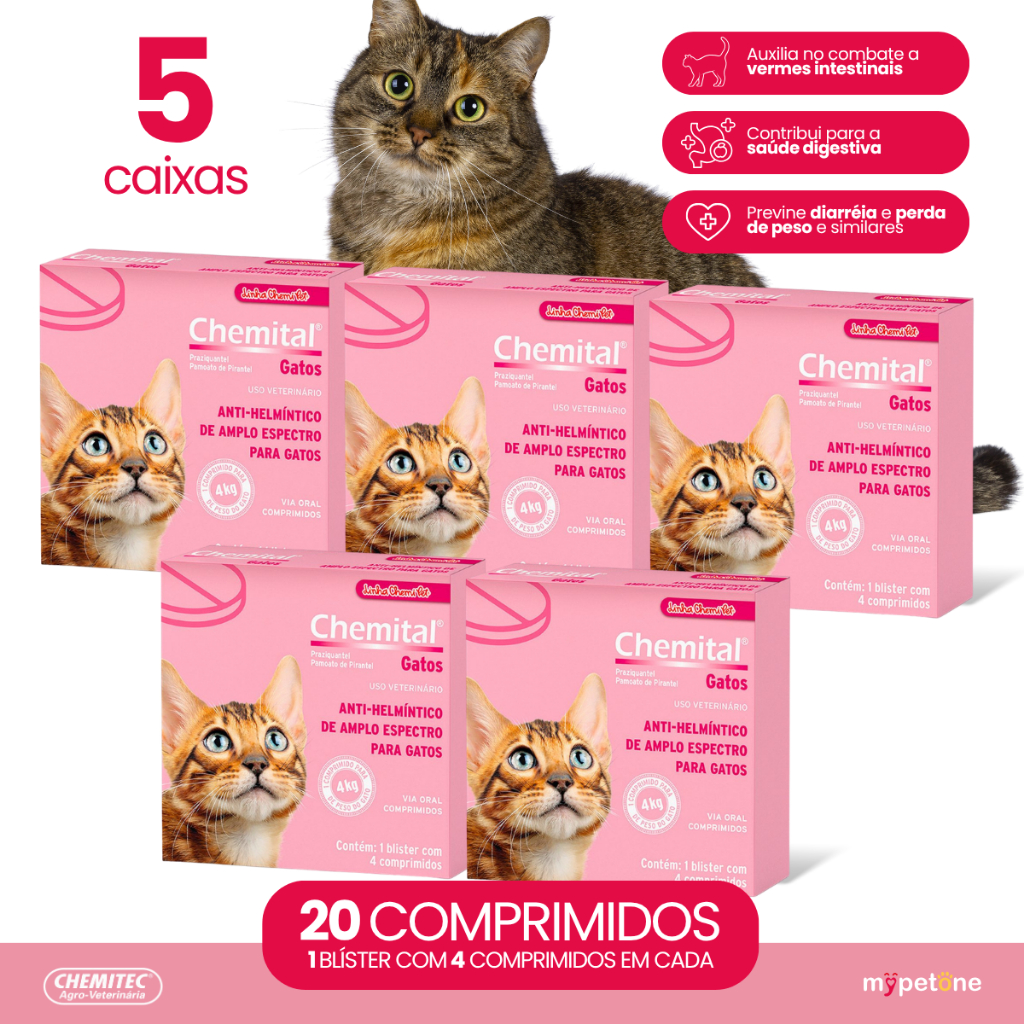 Kit 5 Vermífugo Chemitec Chemital para Gatos - 4 Comprimidos
