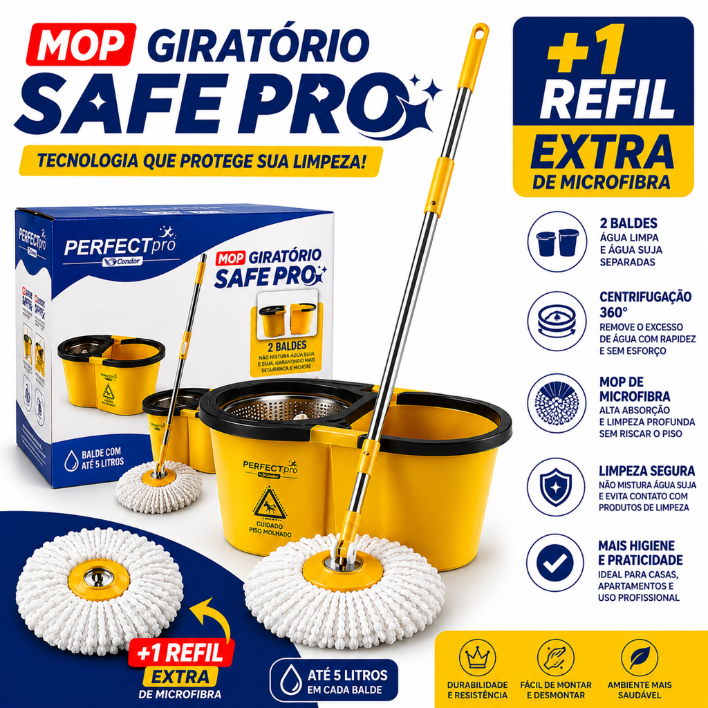 Mop Profissional Giratório Cesto Cabo Inox Resistente Perfect Pro Condor Uso Limpeza Geral + Refil Extra