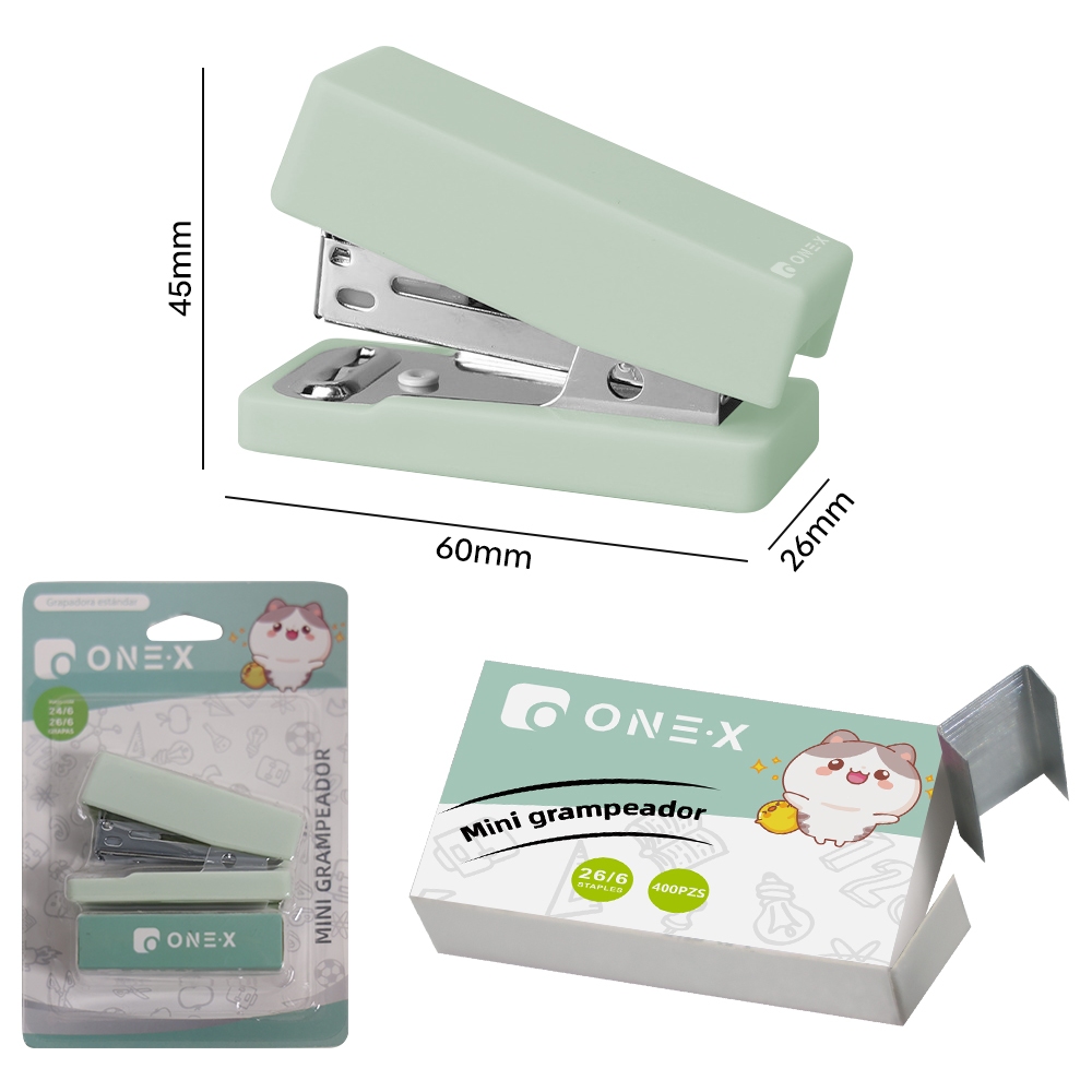 ONEX Grampeador Mini Portátil 26/6 com 400 Grampos - Cores Pastel Escritório Escola
