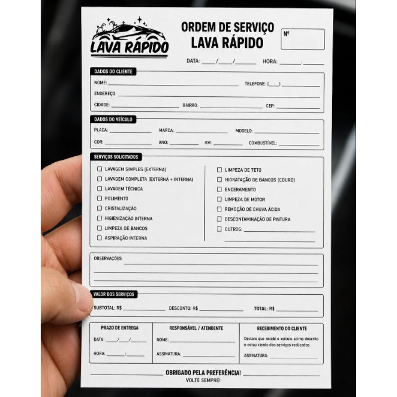 Ordem de Serviço Lava Rápido 10x14 cm | Bloco OS Automotiva Preto e Branco | Lava Jato