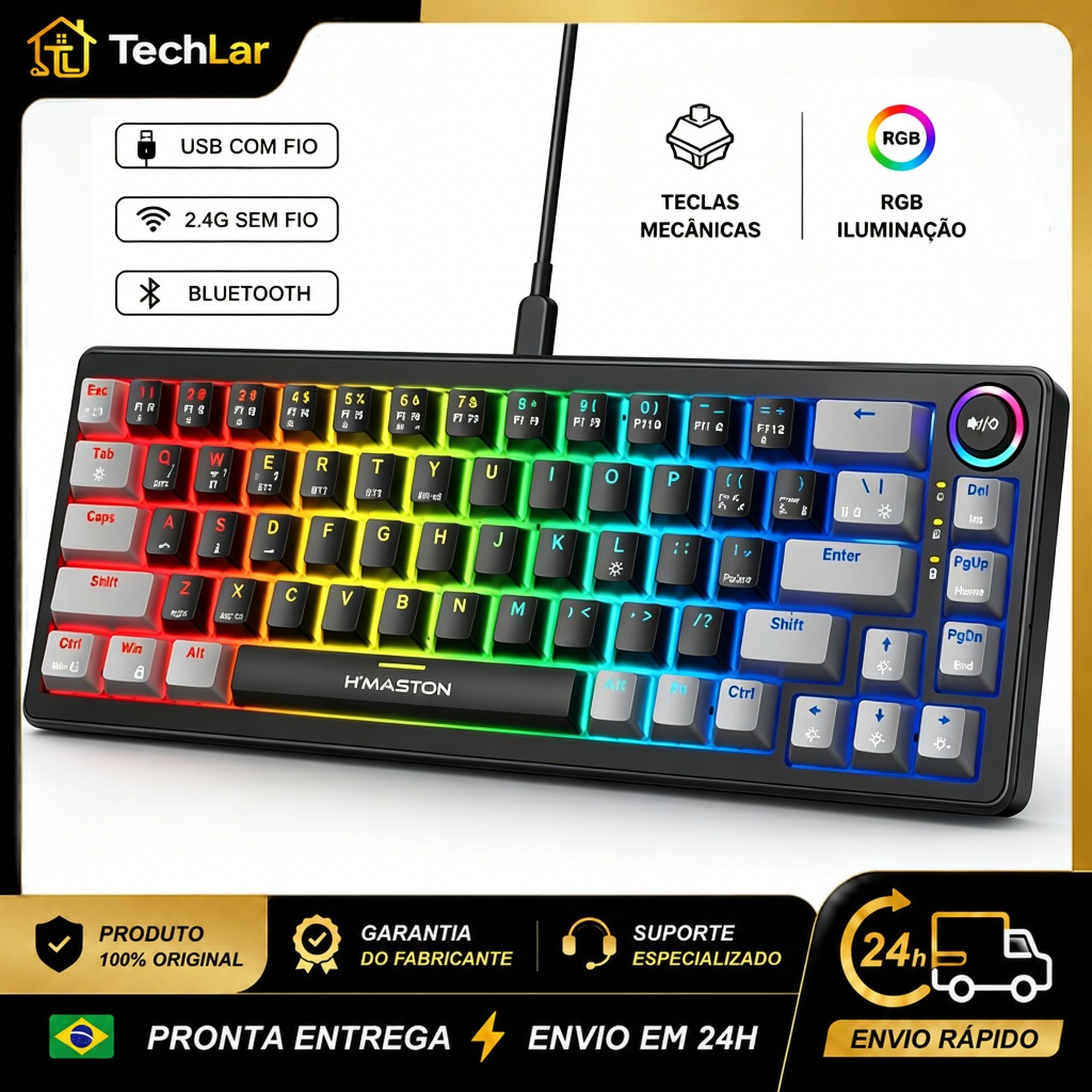 Teclado Mecânico Gamer RGB 68 Teclas Switch Azul Tátil USB+2.4G+BT ABNT2 TK08