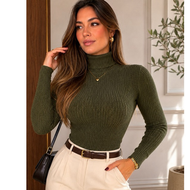 Blusa Cacharrel Feminina Gola Alta Tricot Canelado Não Pinica Inverno Elegante