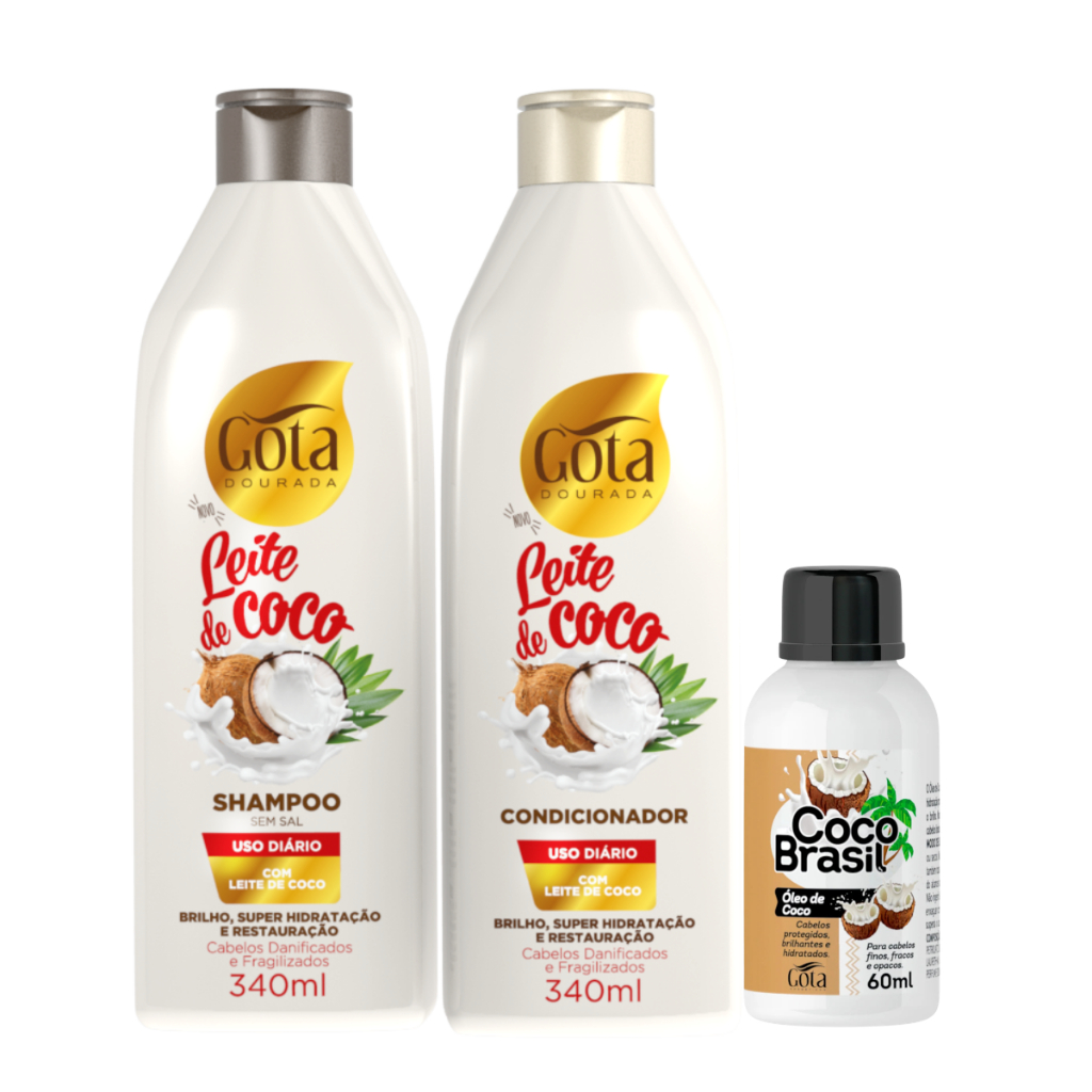 Kit Gota Dourada Shampoo e Condicionador Leite De Coco 340ml e Óleo Capilar Coco Brasil 60ml