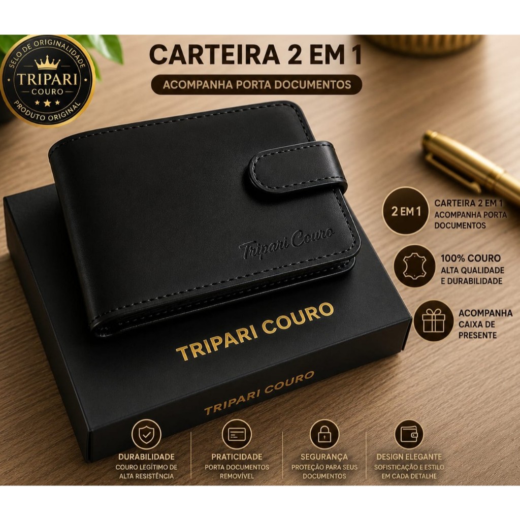 Carteira masculina couro legítimo 2 em 1 Carteira + porta documento