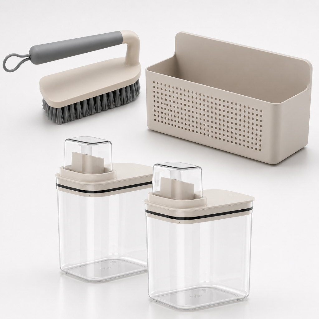Kit Lavanderia 4 peças Flow Dispenser Organizador e Escova
