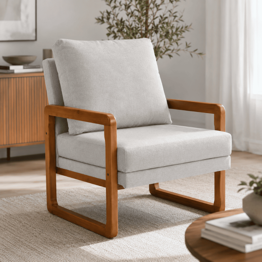 Poltrona Carol Sala Estar Linho Premium Madeira Maciça Braços Conforto Decoração Luxo Elegante Casa