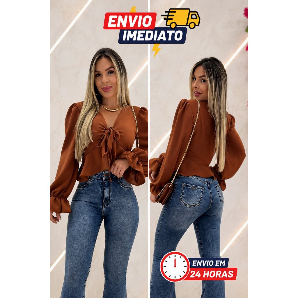 Blusa Feminina Decote V com Laço e Manga Bufante