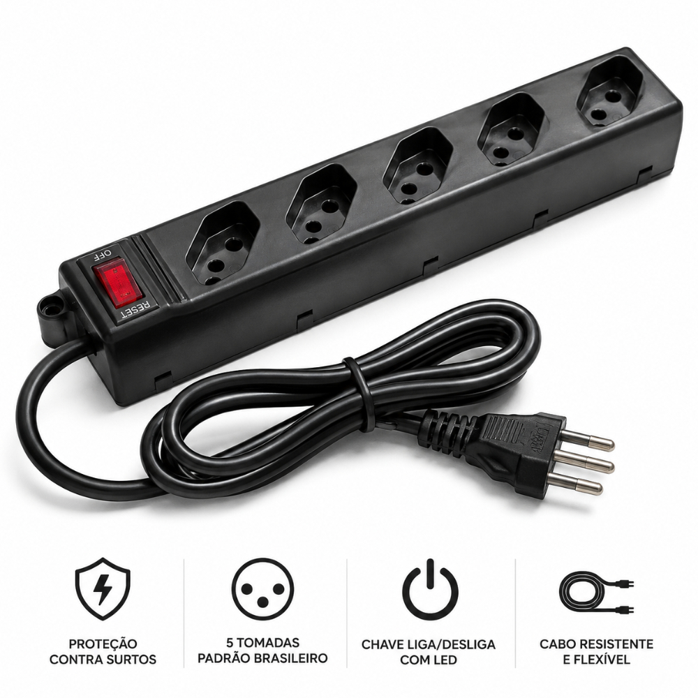 Filtro de Linha 5 Tomadas  Régua 110 220V Bivolt Extensão Universal Com Protetor Descarga de Energia Chave Liga Desliga
