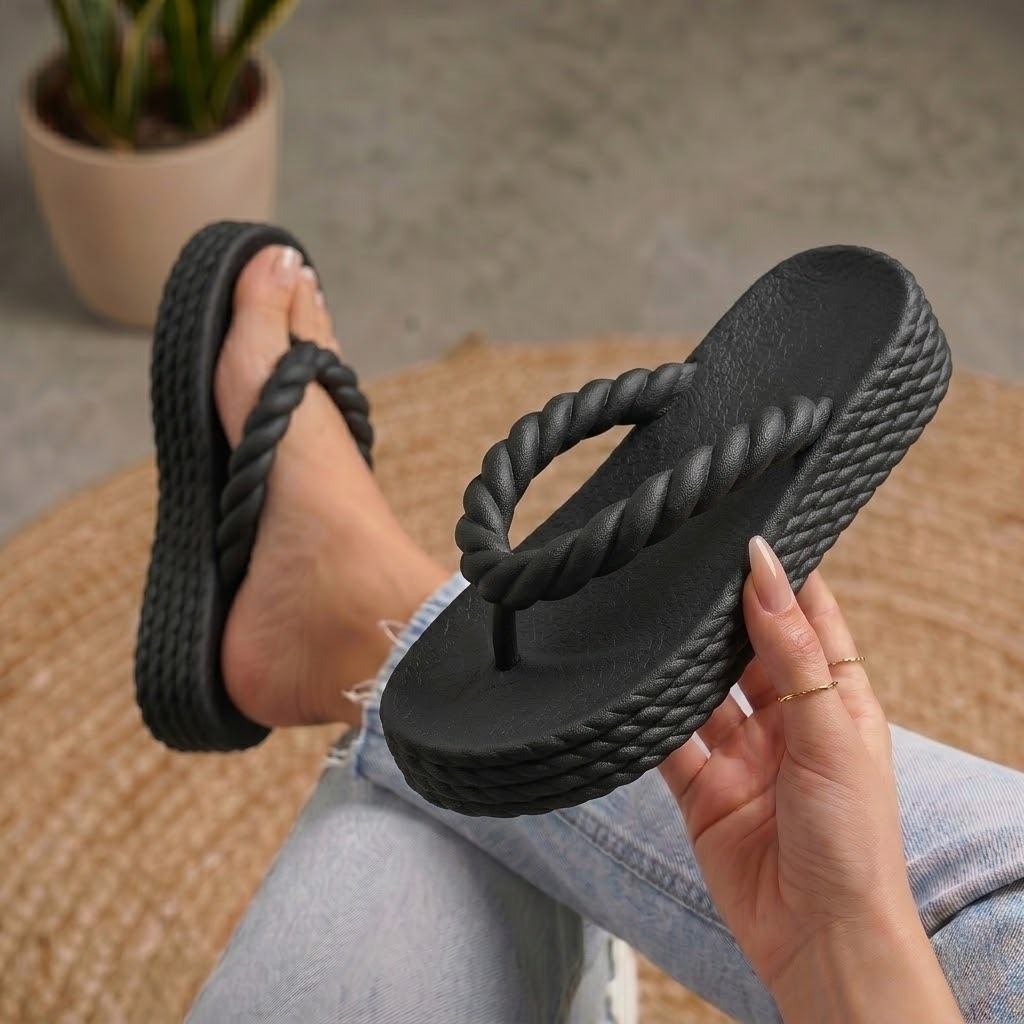 Chinelo Feminino Preto Trançado Plataforma  Casual Moda Praia Verão Piscina Impermeável Anatômico