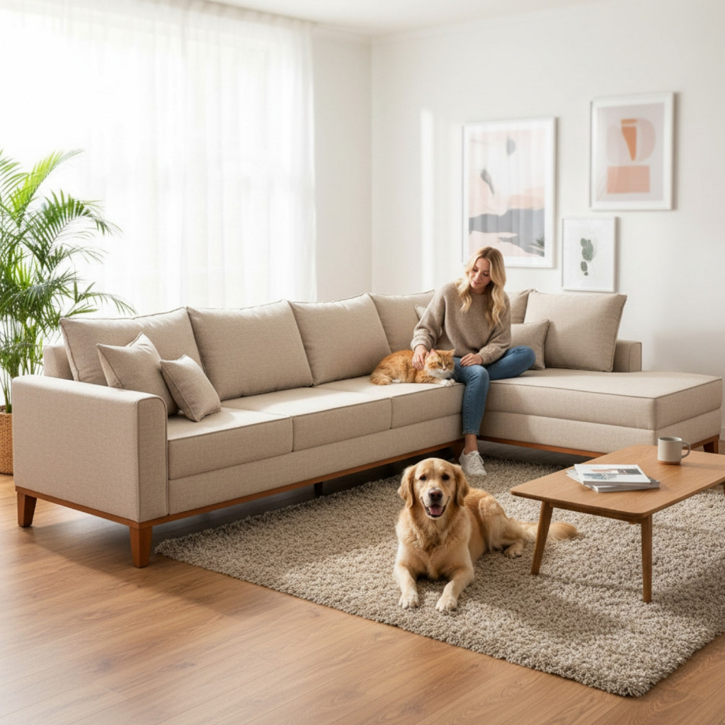 Sofá 4 Lugares Beny com Chaise Direito Linho Bege