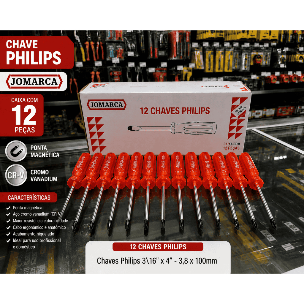 🔧 Caixa com 12 Chaves Phillips 4,8x100mm JOMARCA – Ponta Magnética em Cromo Vanadium