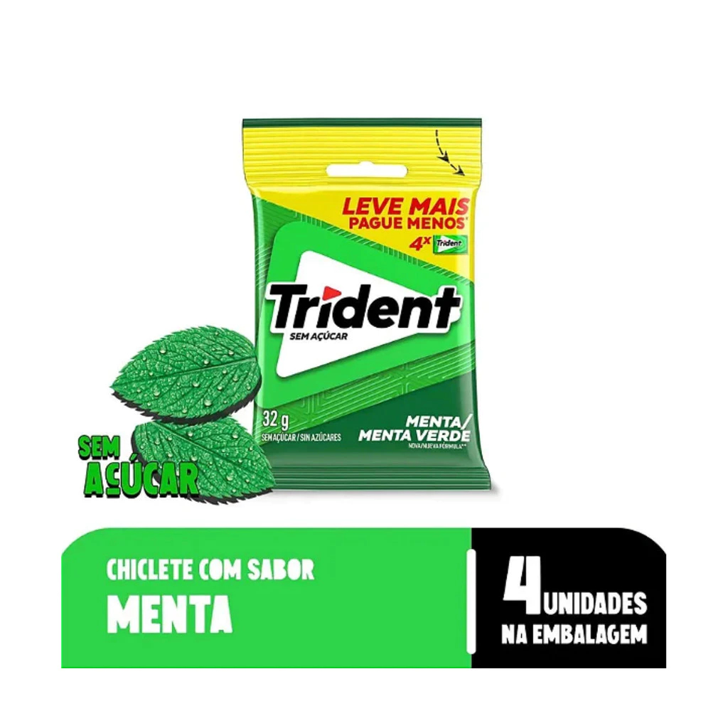 Chiclete Trident Menta - Goma De Mascar - com 4 unidades Pct de 32g
