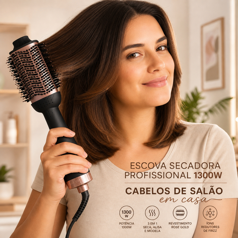 Escova Secadora Profissional 1300W Bivolt: Cabelos de Salão em Minutos