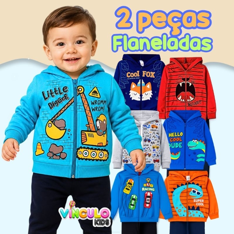 2 Peças Sortido Roupa Infantil Masculino Moletom zíper e capuz 1 Conjunto inverno P-Bebê a 14