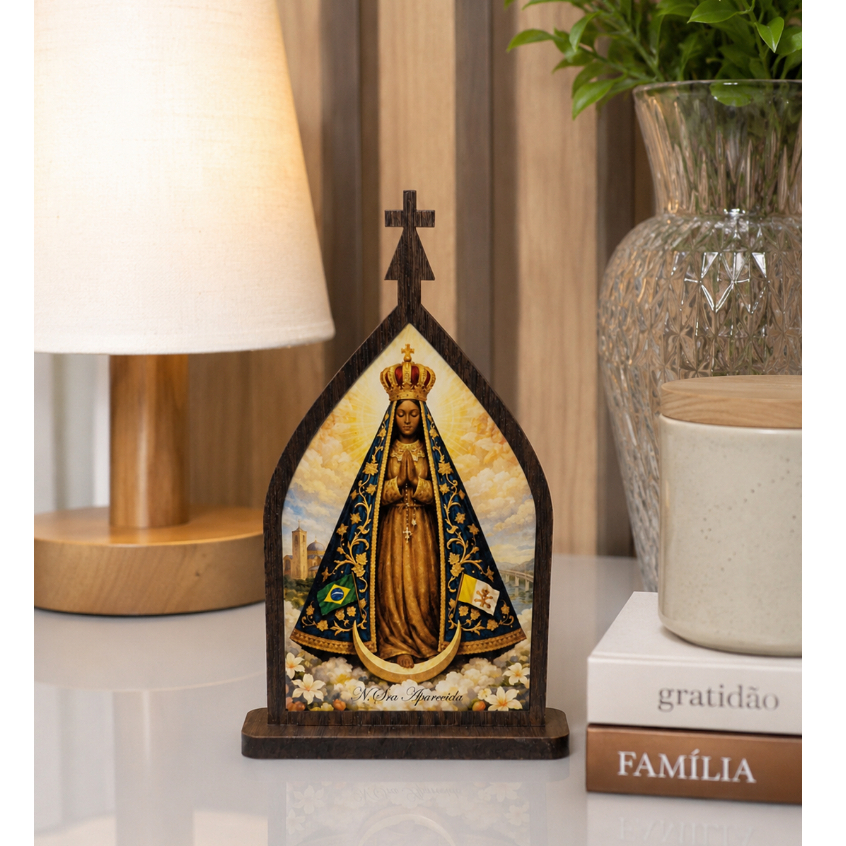 Oratório Capela Nsa Aparecida 15cm MDF e Imagem Resinada | Decoração Casa Presente Católico Religioso Fé Proteção