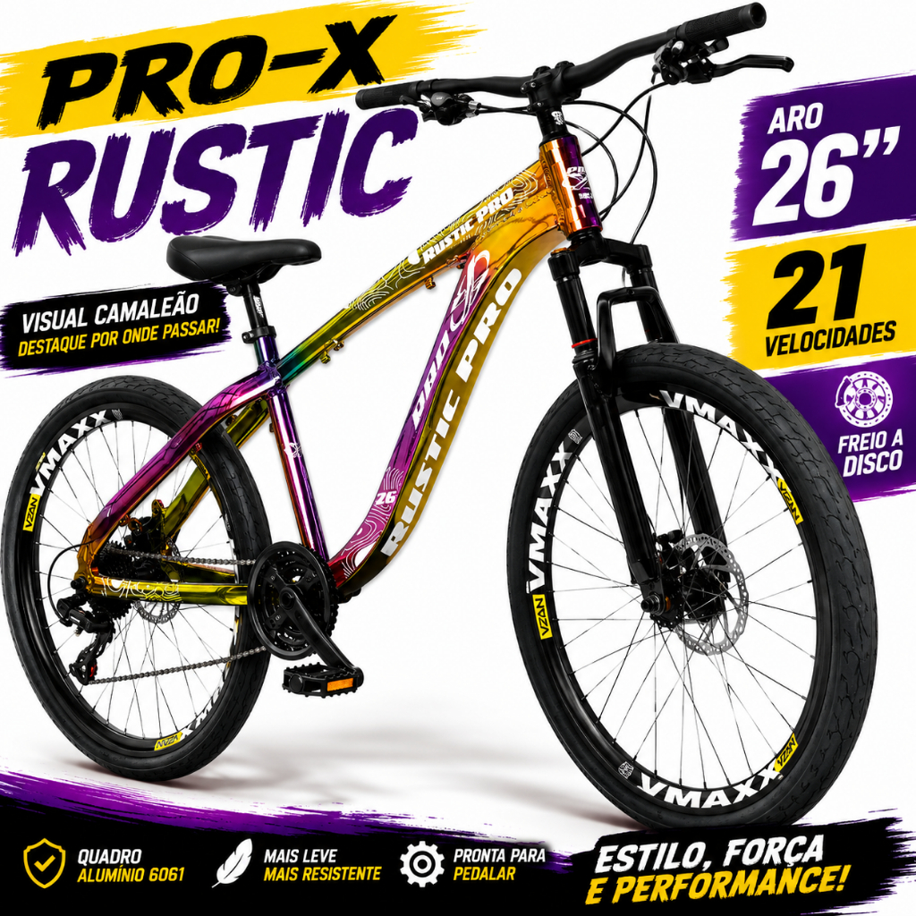 Bicicleta Aro 26 Pro-X Rustic 21v Freio A Disco Alumínio 6061 Vzan Vmaxx Camaleão