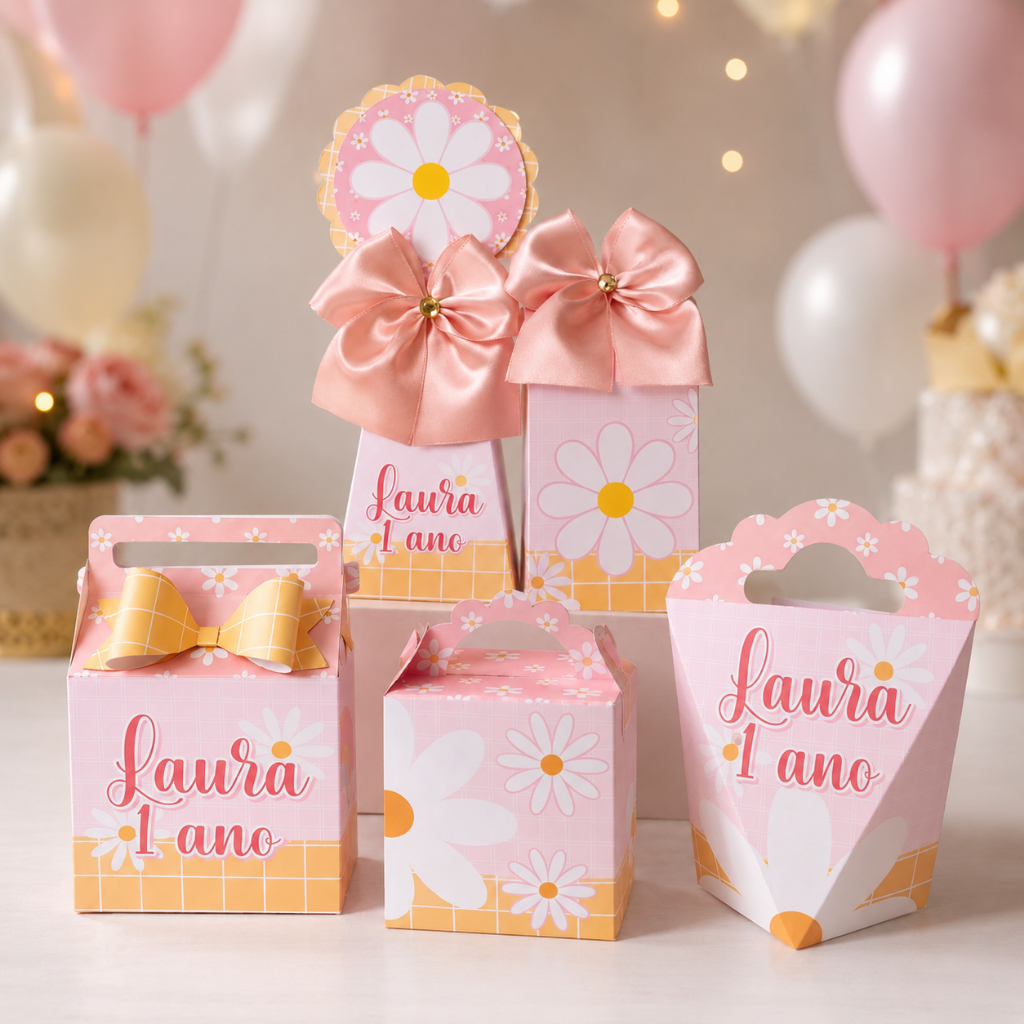 Kit Personalizados caixas Festa Flor Margaridas Rosa|Caixinha|Aniversário|Lembrancinha|Pegue e Monte