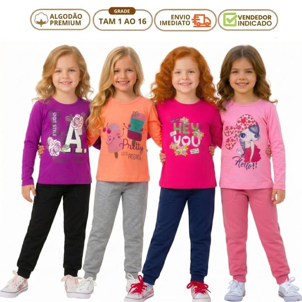 Kit 6 Peças Conjunto Menina Inverno 3 Camiseta Manga e 3 Calça Moletom com Punho Roupa Infantil