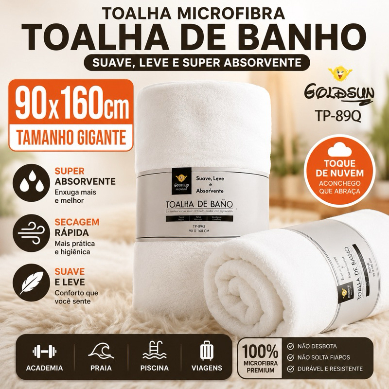 Toalha De Banho Premium Goldsun 90x160 Hotel Pousada Praia Piscina Sauna Academia Super Absorvente Macia Branca TP-89Q