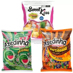 Kit 3 Balas Azedinhas Ice Kiss Sortida, Melancia e Sweet Kiss Doces Festa Lembrancinha Atacado