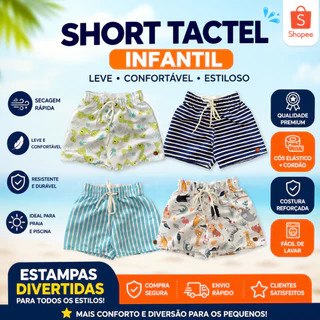 Short Tactel Infantil Menino Estampado Escola Dia a dia Praia Piscina Leve Confortável 1 a 8 Anos