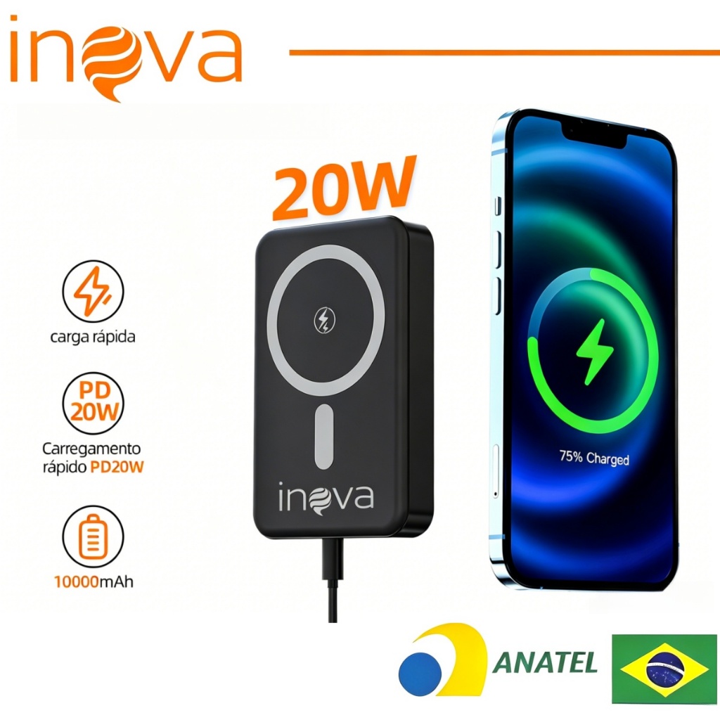 INOVA Carregador Portátil Indução para iPhone/Android Magsafe Apple Sem fio Bateria Carga 10000mAh