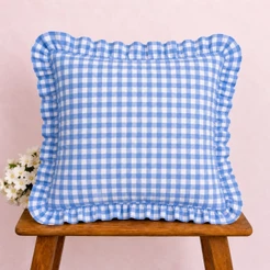 Capa de Almofada 40x40 Xadrez Vichy Azul Claro com Babado Estilo Farmhouse Elegante para Sofá Sala Quarto
