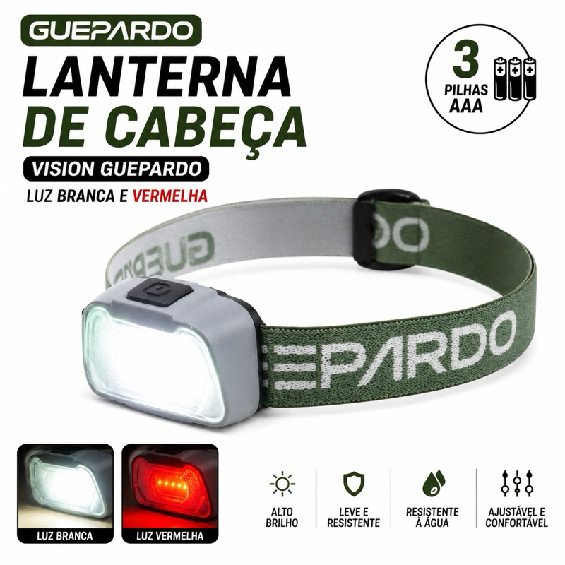 Lanterna de Cabeça Vision Guepardo Luz Branca e Vermelha LED Ajustável Camping Pesca Trilha Corrida e caminhada