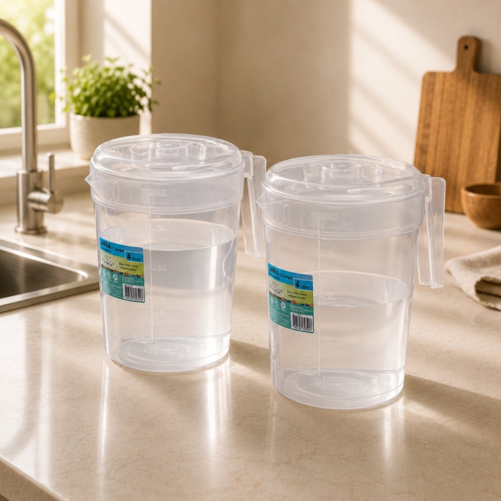 Kit 2 Jarras Plásticas Transparentes 4 Litros Com Tampa Suco Água Chá Geladeira Cozinha