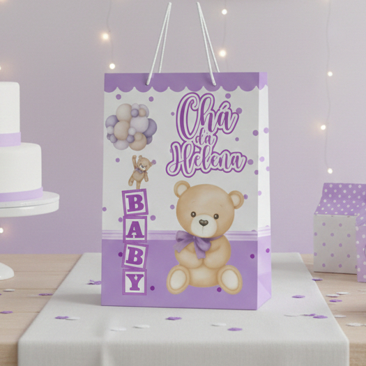 Sacolinha (M)| Sacola Chá de Bebê Menina Ursinha Lilás Personalizada | Lembrancinha de Chá de Bebê | PEGUE E MONTE