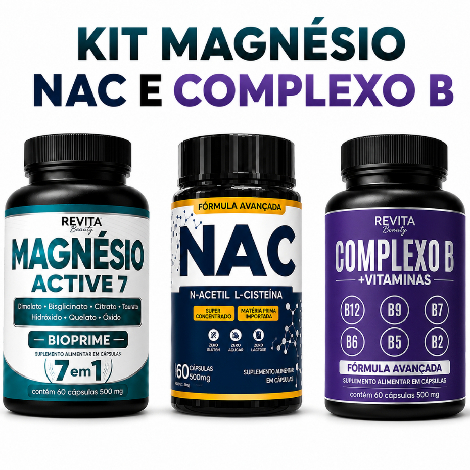 Kit Complexo B + Magnésio ACTIVE 7 + NAC | Energia Disposição Antioxidante - 180 Cápsulas